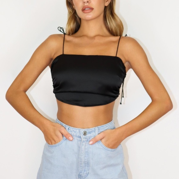 Black Satin Strappy Crop Top - Picture 2 of 6